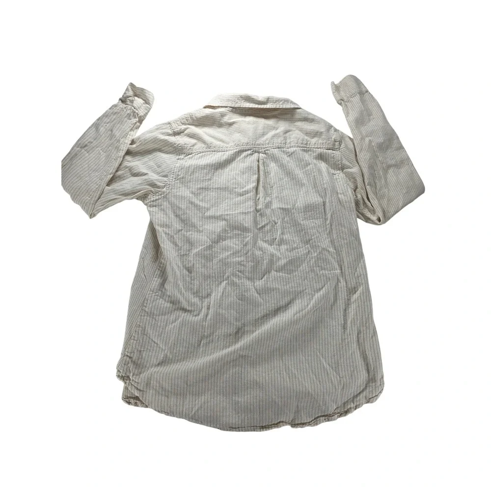 Japna M Tan‎ Beige Striped Boyfriend Button Up Linen Blend Casual Shirt Blouse